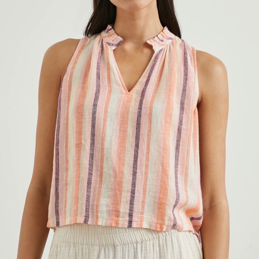 Rails Christy Papaya Stripe Linen Blend Ruffle V-Neck Sleeveless Top Orange M